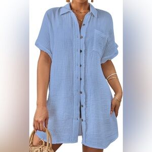 Bsubseach Light Blue Button Down Swimsuit Cover Up Shirt Dress Large L Resort